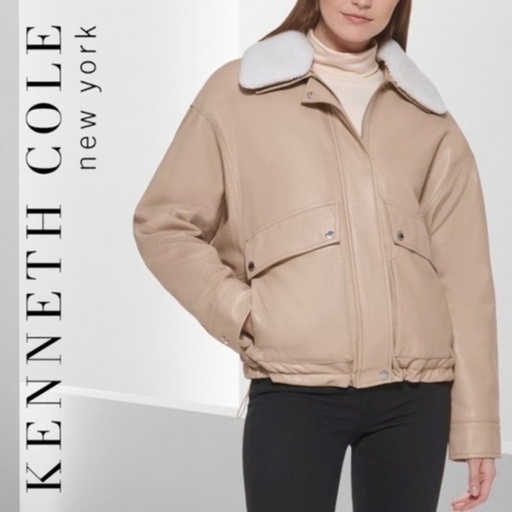 KENNETH COLE Vegan Leather Removable Fur Collar Bomber Jacket-Light Khaki/Md